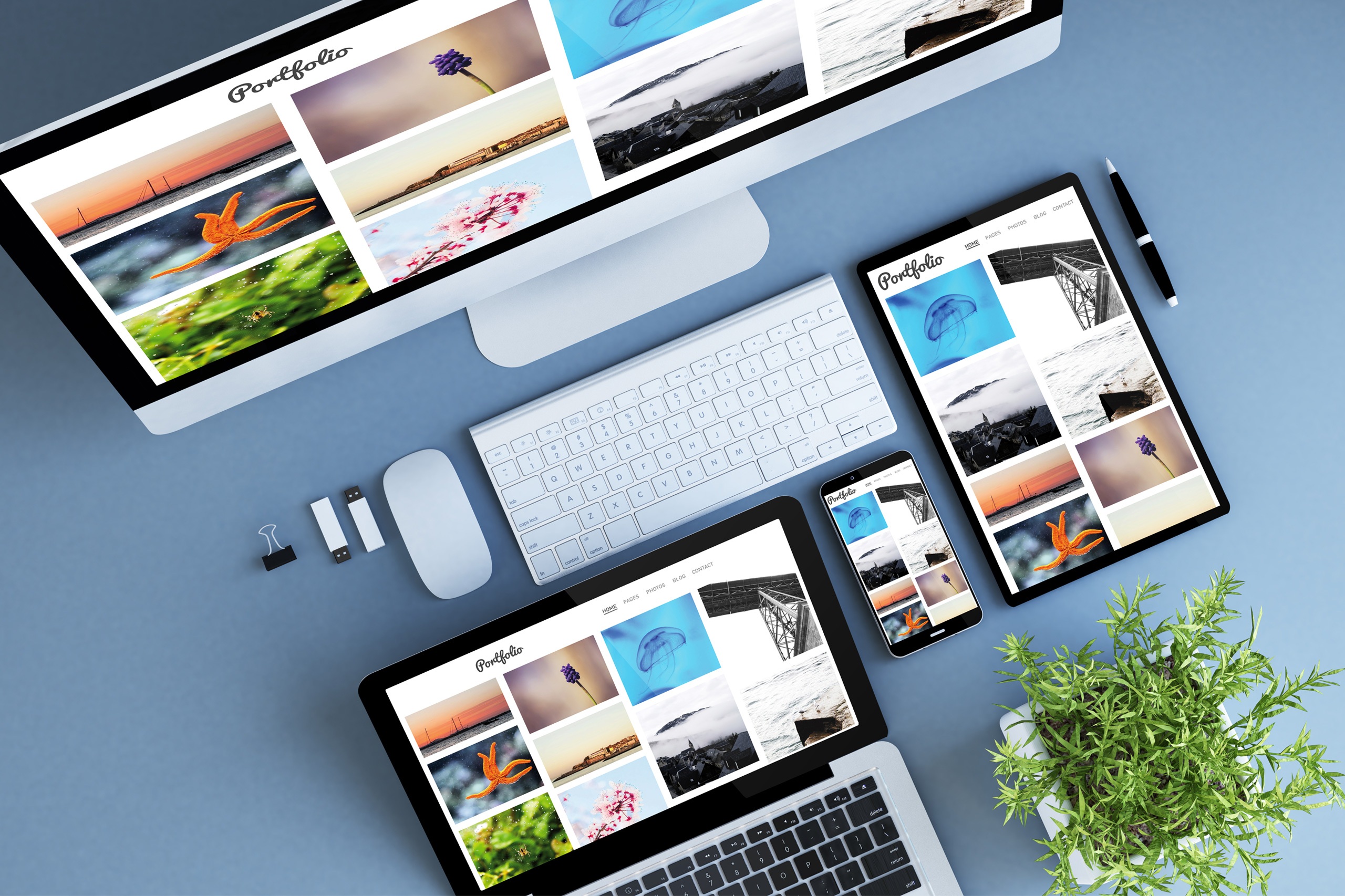 An image of a responsive website design on a PC, tablet and mobile phone