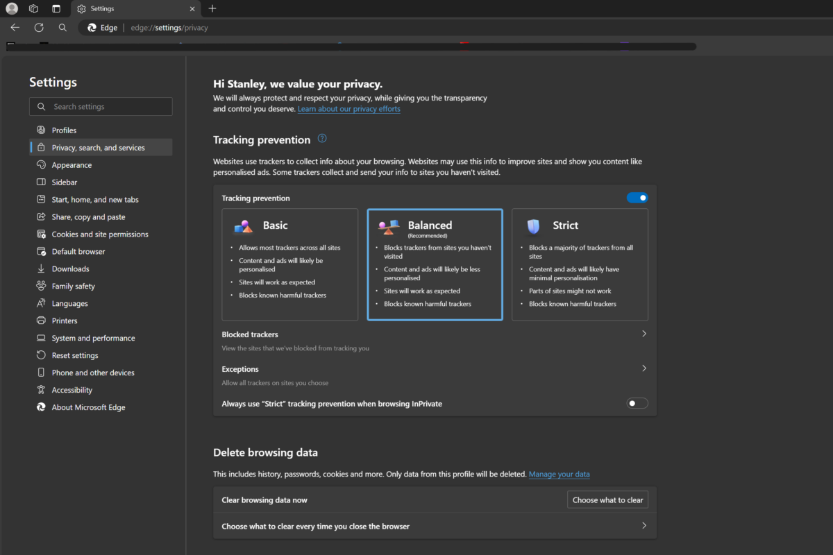 A screenshot of an Edge browser on desktop, showing the privacy, search, and services settings