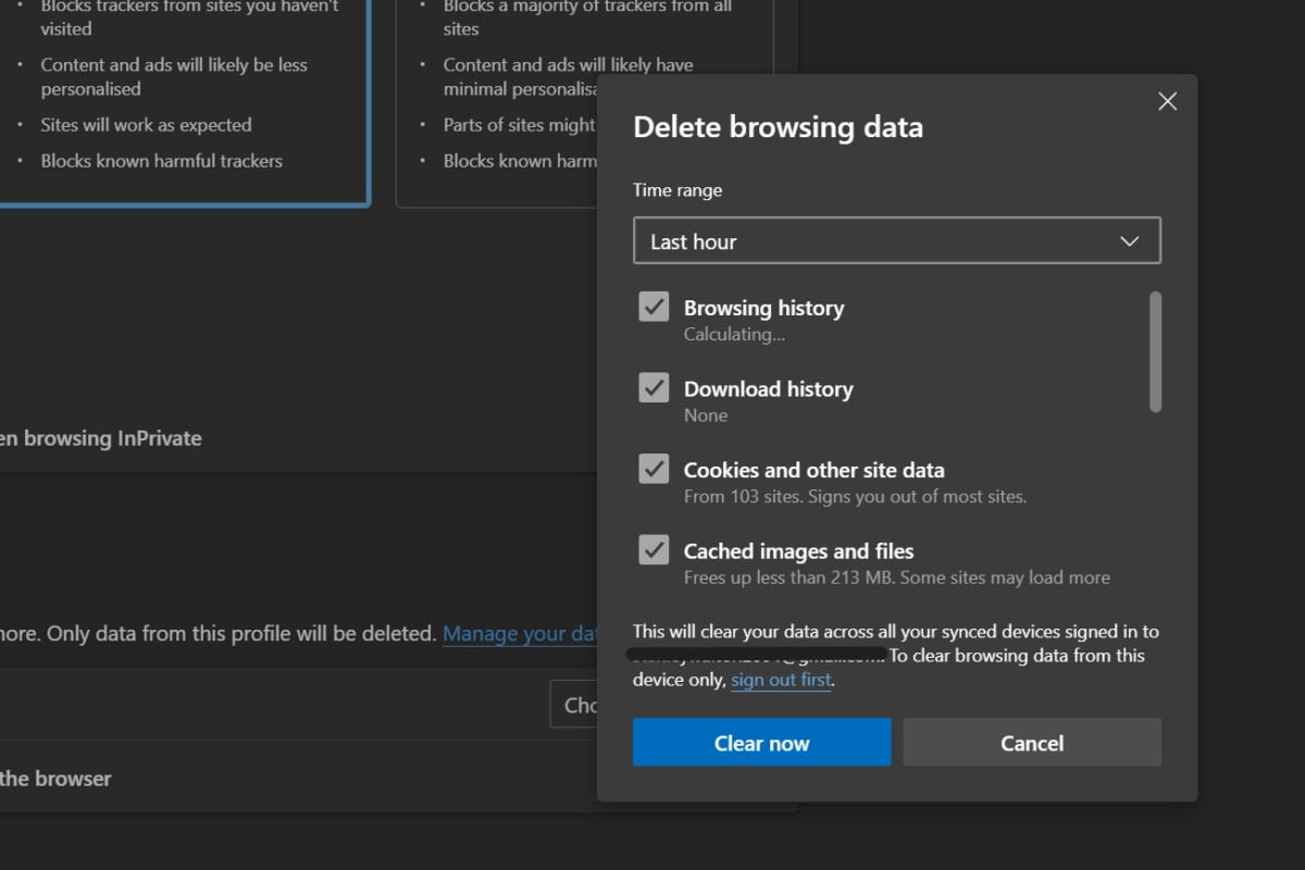 A screenshot of an Edge browser on desktop, showing the settings for clearing your cache