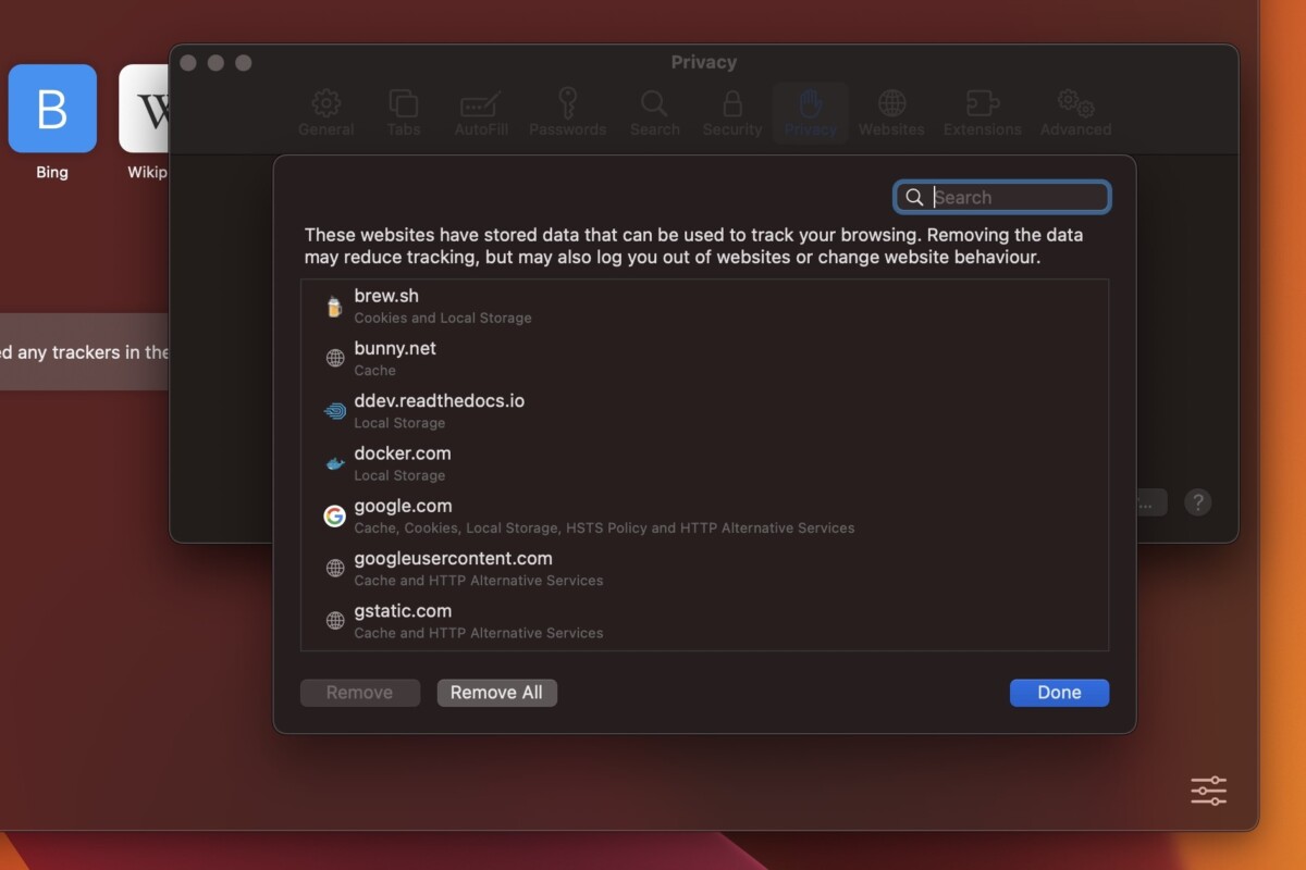 A screenshot of a Safari browser on desktop, showing the website data information