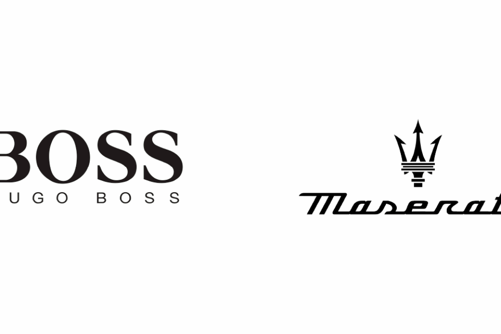 Black and white logos for Rolex, Hugo Boss, Maserati, and Louis Vuitton