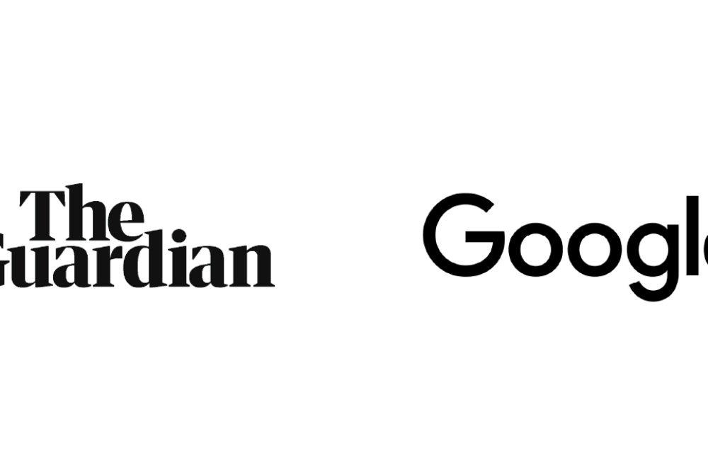 Black and white logos for National Geographic, The Guardian, Google, and TED