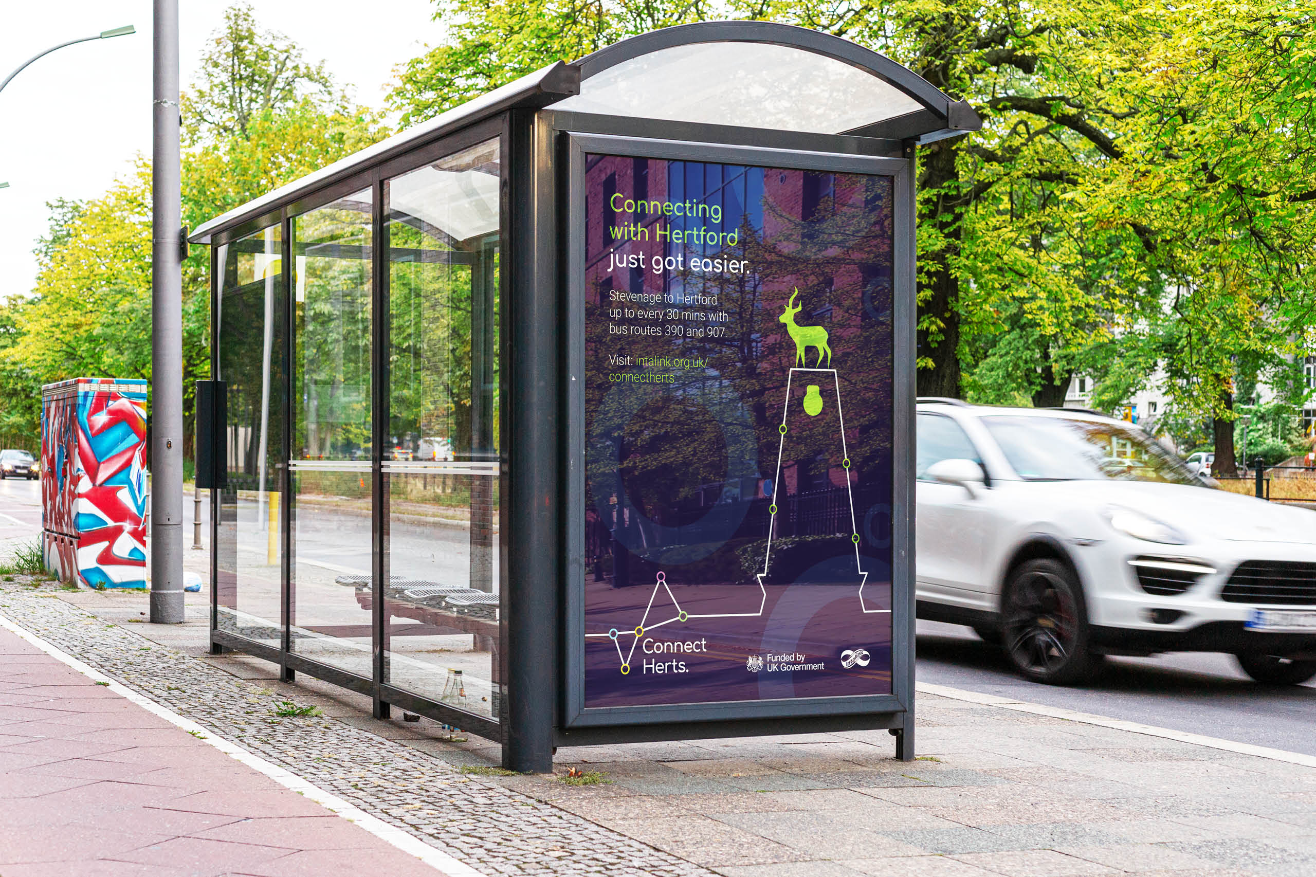  bus shelter advertisement displaying a promotion for Connect Herts, a campaign developed for Hertfordshire Council by This is Fever