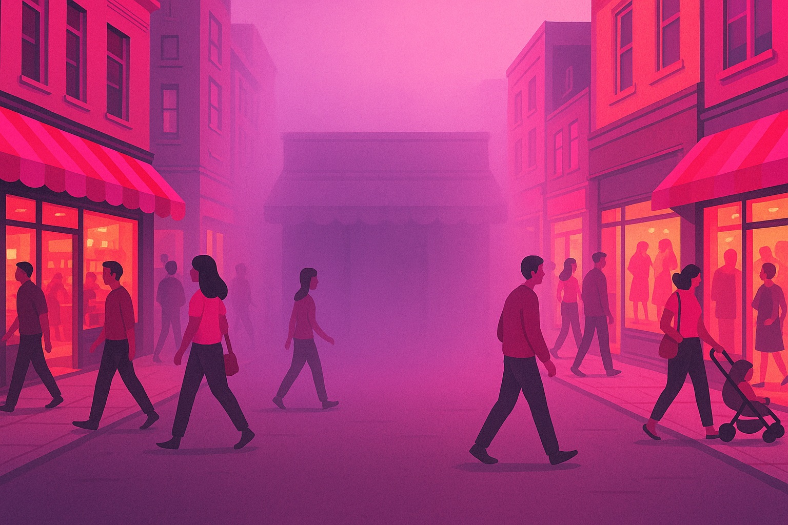 An image with a bunch of shops with a hidden shop displayed in the centre with pink mist surrounding it