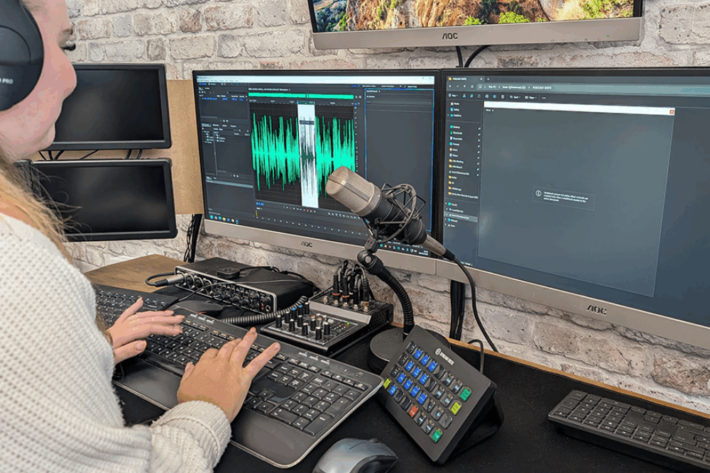 Abi editing a podcast at This is Fever's podcast studio in Colchester