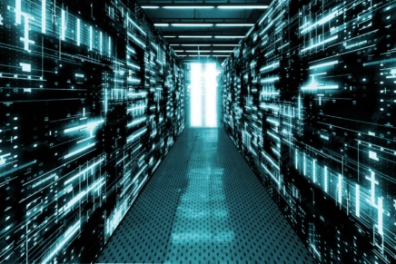 Data center maintenance corridor with glowing blue lights