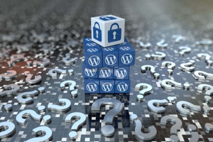 Blocks with the WordPress logo stacked up in a 3 by 3 by 3 formation, with a larger block with a lock icon on top, signifying security.
