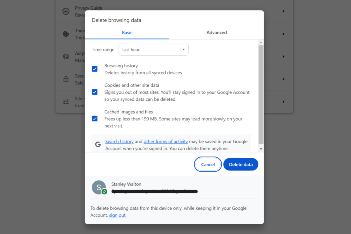A screenshot of a Google Chrome browser on desktop, showing the basic settings for clearing your cache