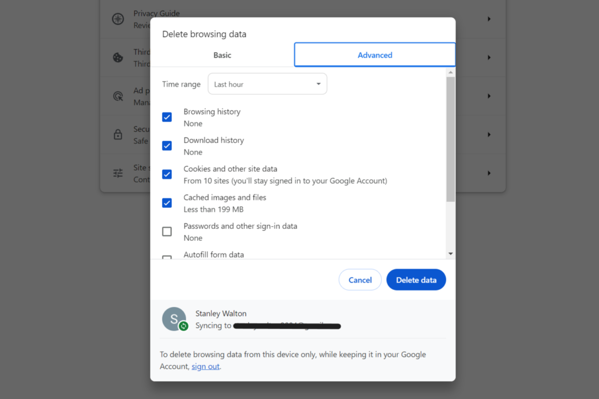 A screenshot of a Google Chrome browser on desktop, showing the advanced settings for clearing your cache
