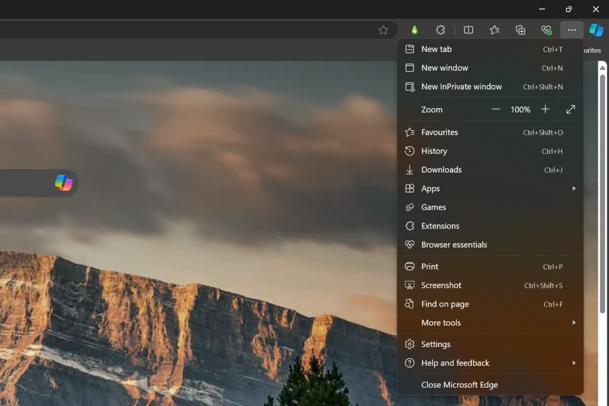A screenshot of an Edge browser on desktop, showing where the settings button is