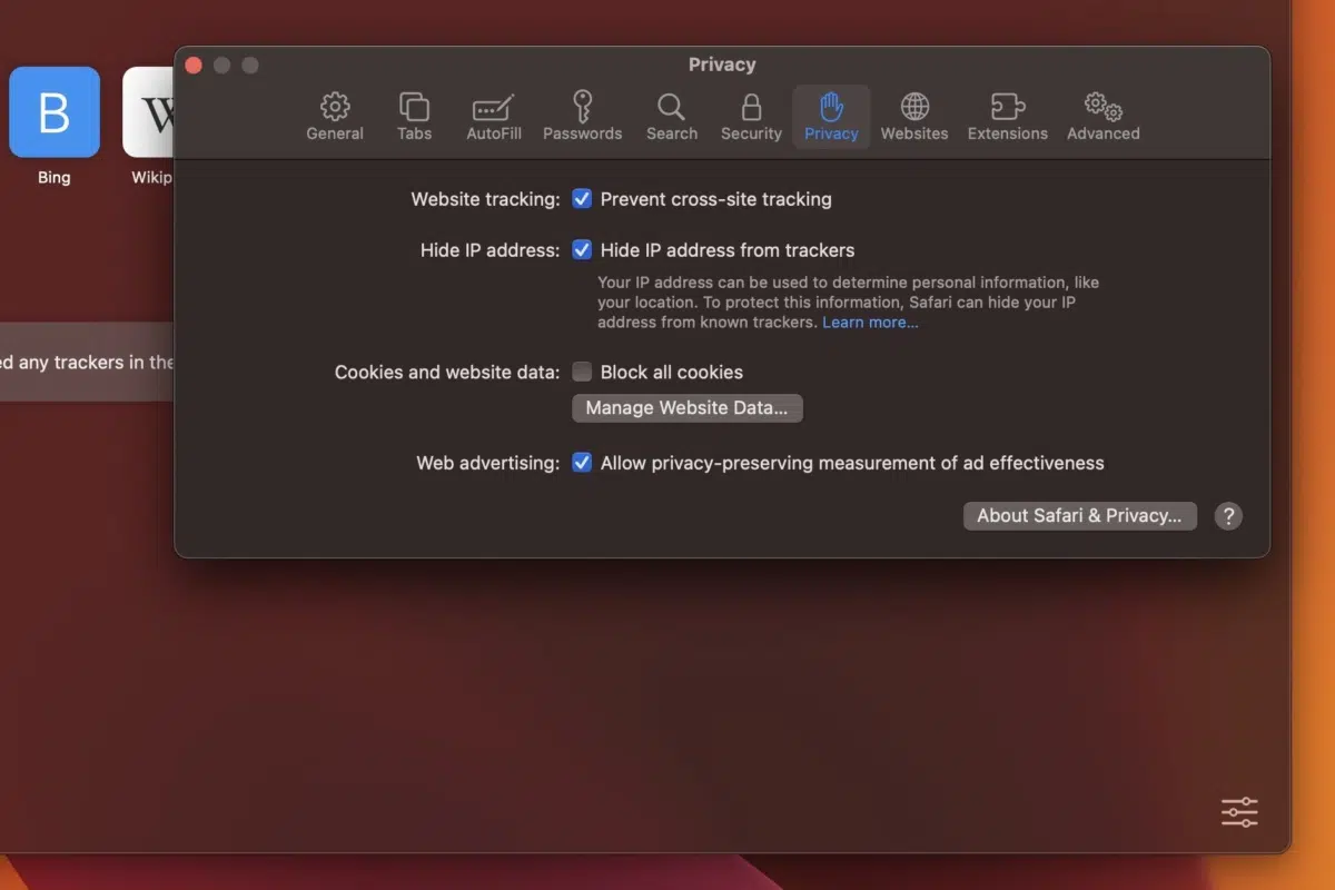 A screenshot of a Safari browser on desktop, showing the privacy settings