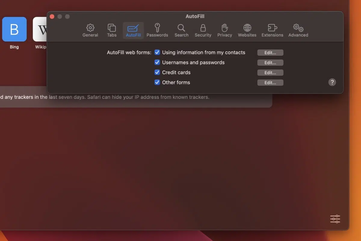 A screenshot of a Safari browser on desktop, showing the autofill web form settings