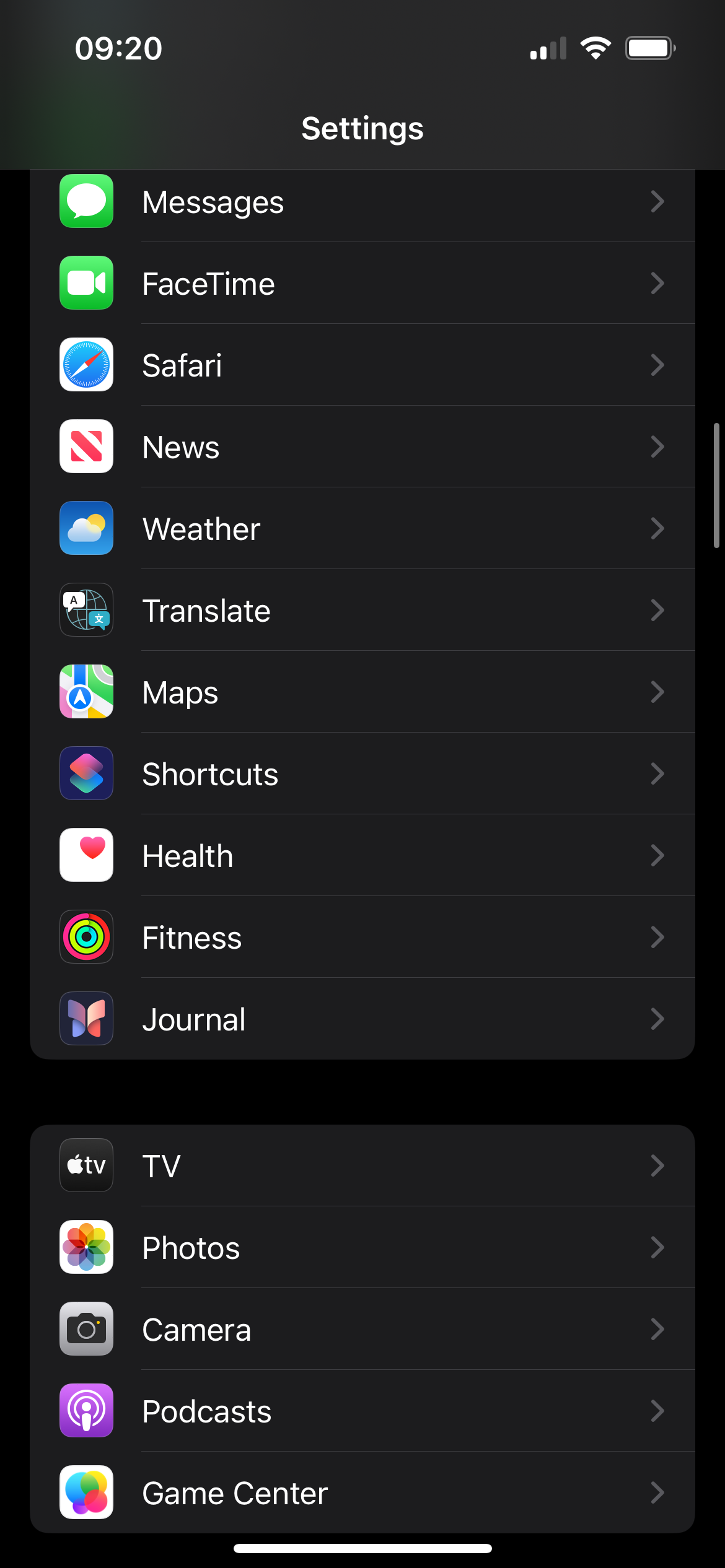 A screenshot of an iPhone's settings page