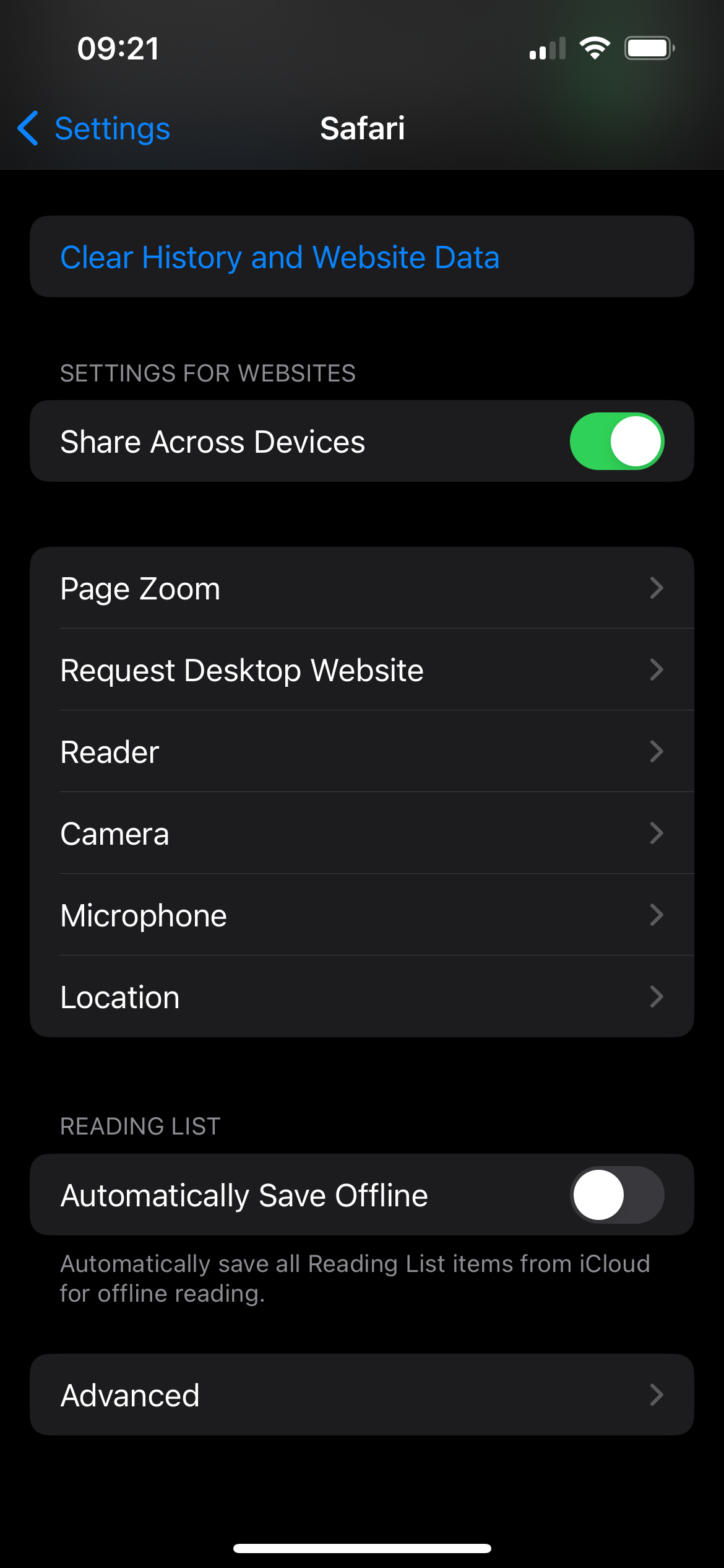 A screenshot of an iPhone's Safari settings page