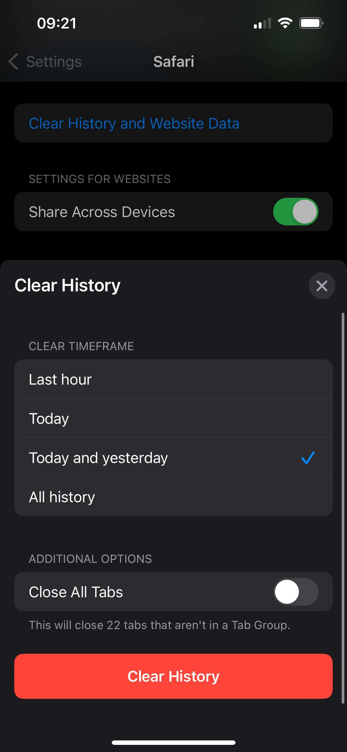 A screenshot of the clear history section of an iPhone's Safari settings page