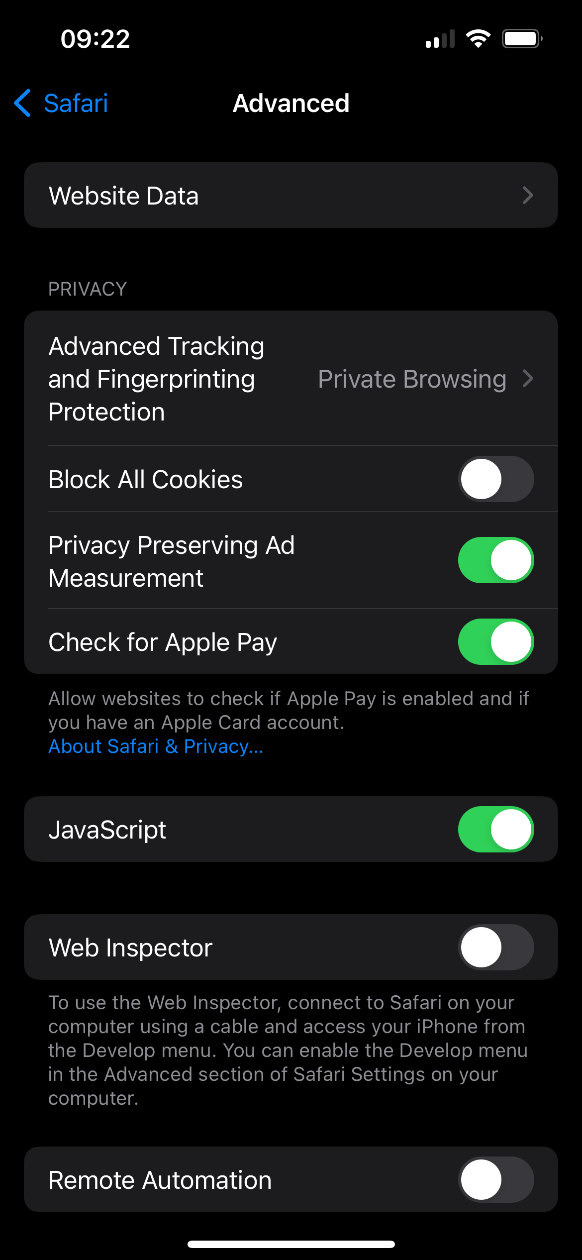 A screenshot of an iPhone's Advanced Safari settings page