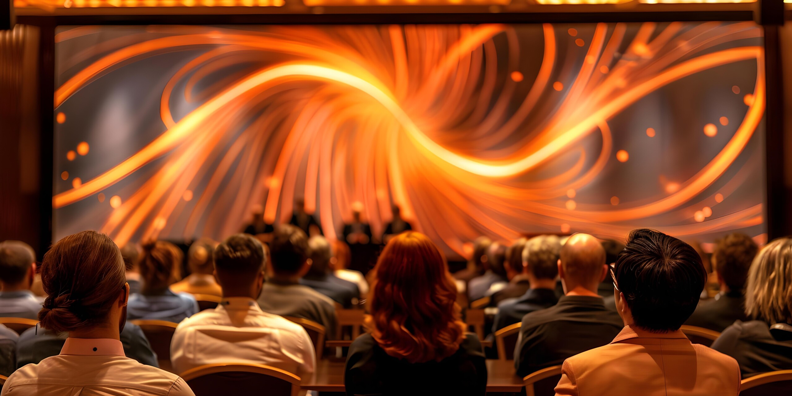 A crowd of people at a hybrid event, facing a group of speakers with a screen in the background that has a spiral design on it.