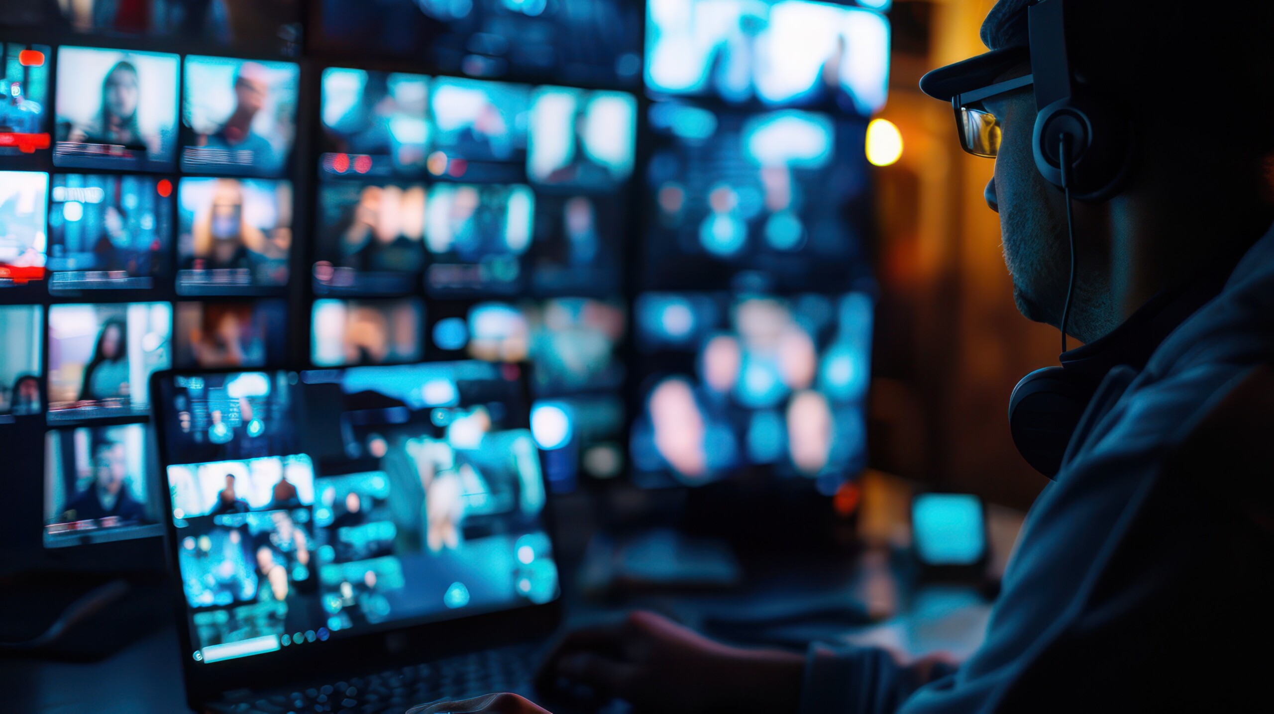A person at a computer, with another screen behind it, managing a virtual event.