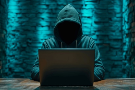 A hooded person, with their face obscured, who is sitting at a table and using a laptop.