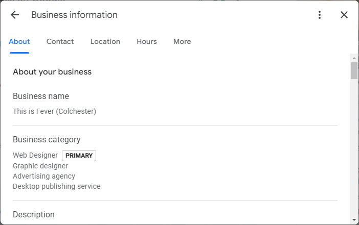 A screenshot displaying the menu for editing a Google Business Profile