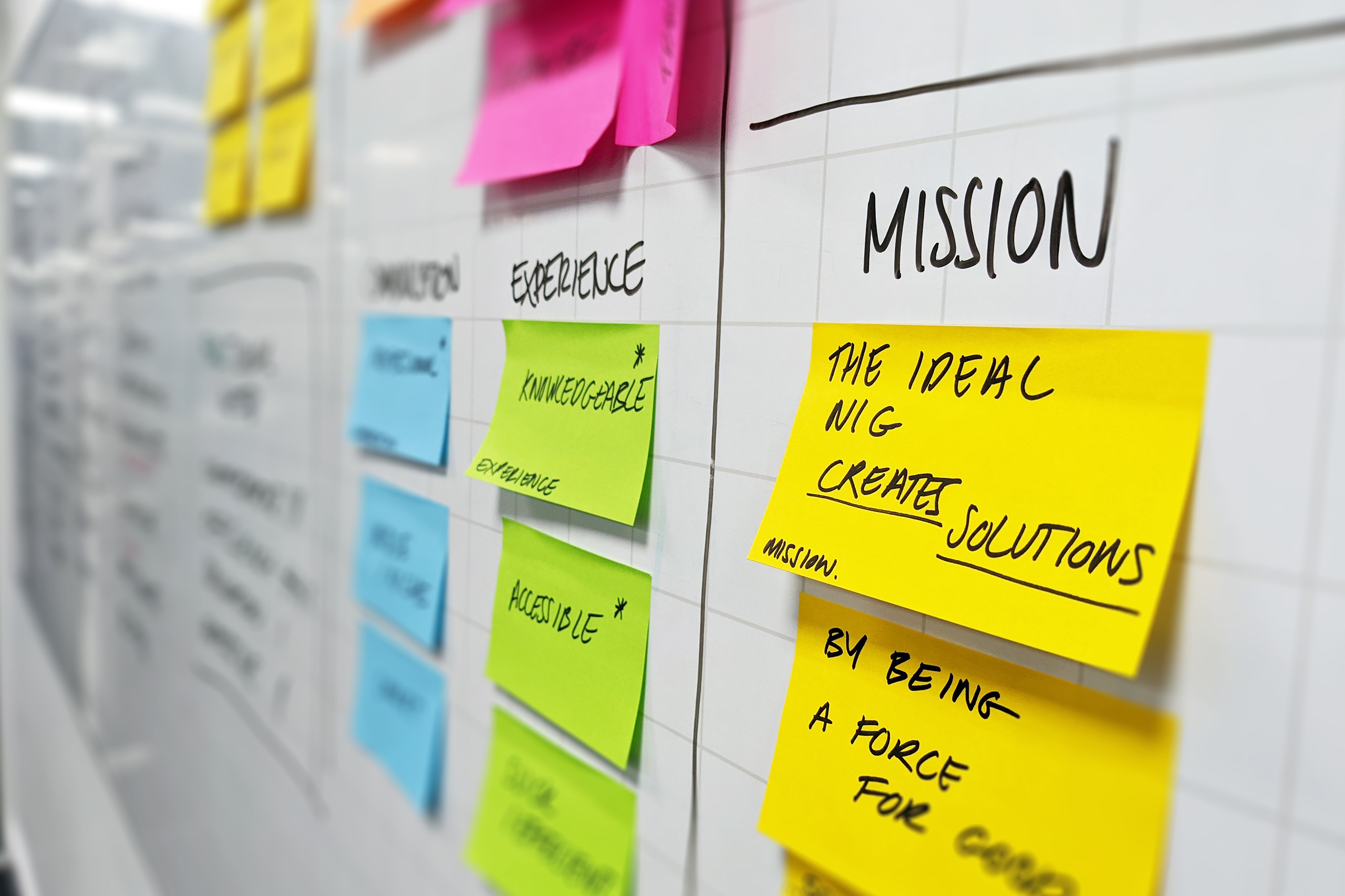 An image of a whiteboard with brand strategy points written on sticky notes