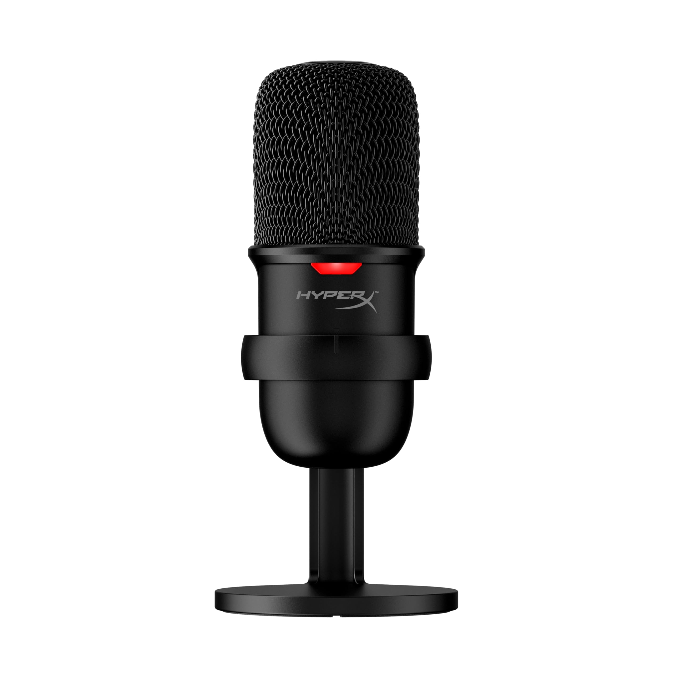 HyperX SoloCast podcast microphone with red light