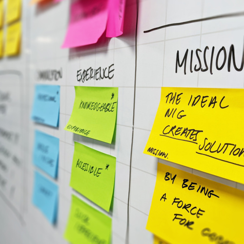 Brand workshop sticky notes on whiteboard